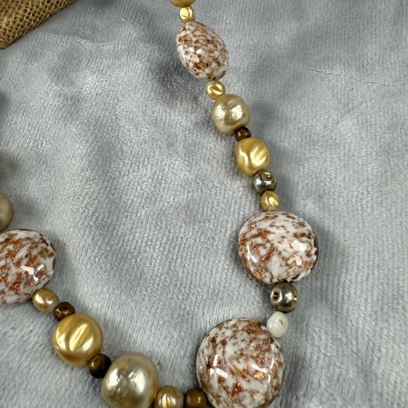 Gold Copper Speckled Long Beaded Necklace White Marble Effect Statement Beads - Picture 9 of 16